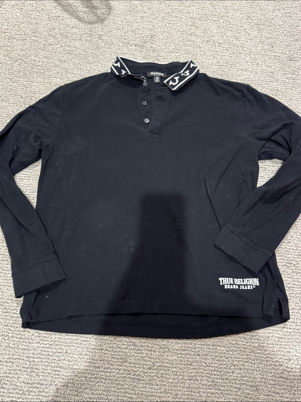True Religion Black Long Sleeve Polo with Logo Collar Trim